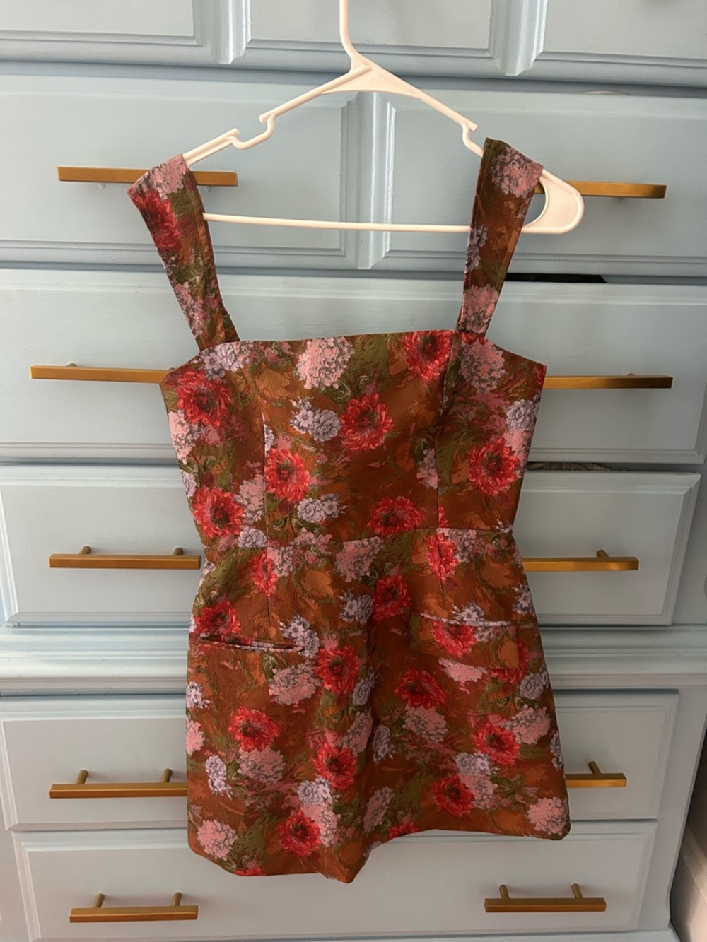 Sofie the Label Floral Square-Neck Mini Dress in Brown and Red